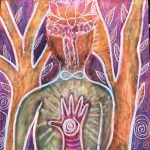 Gallery 4 - A colorful, spiritual painting depicts an androgynous figure standing between two stylized trees, with a lotus blossom emerging from the head and an infinity symbol at the neck. The chest is illuminated by a hand-shaped design over a large heart, and a small, silhouetted figure stands near the bottom edge.