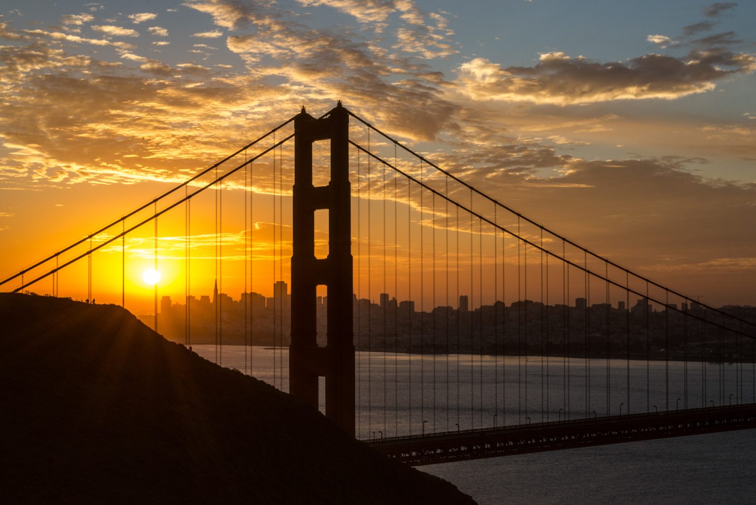 Gallery 6 - Picture of the Golden Gate Bridge with the sun rising over the San Francisco skyline.