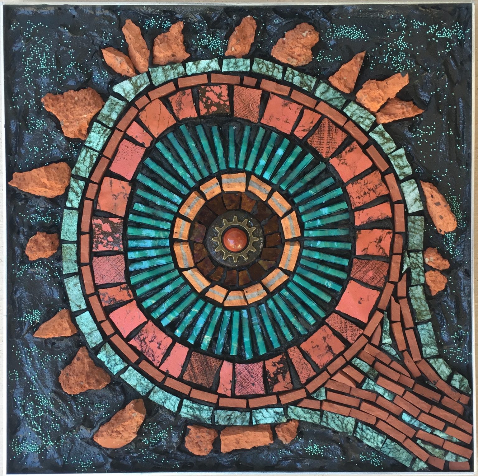 Gallery 5 - Abstract circular image, orange and turquoise colored glass, 