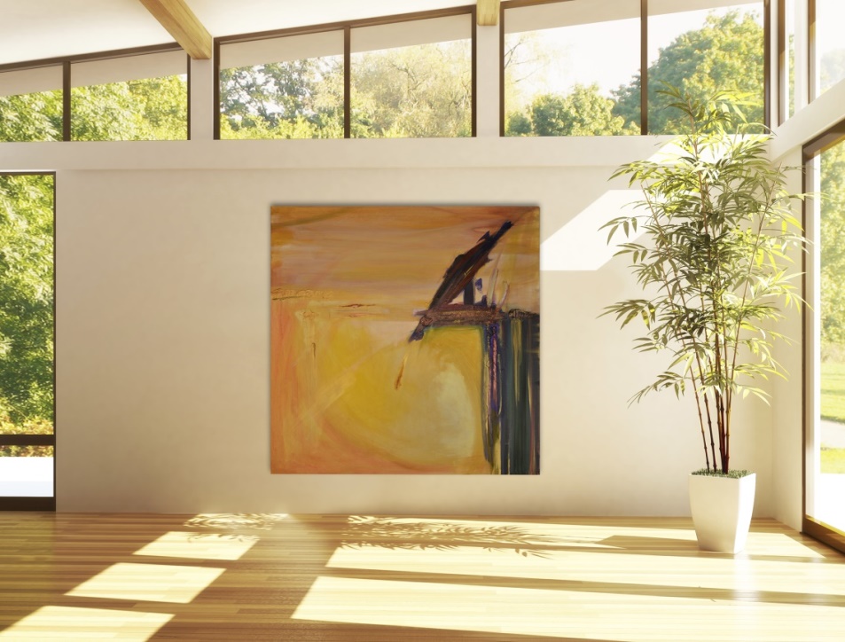 Gallery 5 - Square abstract painting featuring a dark figure perched on an edge, set against an orange-yellow background in a sunny room.