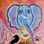 Gallery 5 - A vibrant mixed-media painting features a female figure with an elephant head as a headdress. The figure has a spiral-patterned eye and is adorned with a crow on her left shoulder and other symbolic animals, including an owl and a bear paw print, on an abstract orange and pink background.