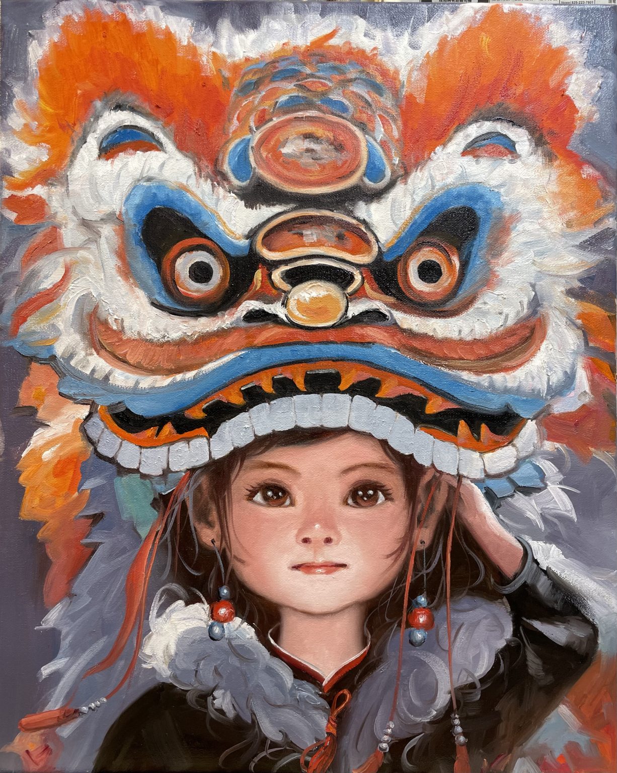 Gallery 5 - Oil painting of a person's head with a brightly colored lion dance costume hat.