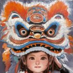Gallery 5 - Oil painting of a person's head with a brightly colored lion dance costume hat.