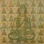 Gallery 6 - A square abstract painting featuring a large, central Buddha figure in meditation. The Buddha is outlined in textured green lines against a richly textured background of yellow, ochre, and pale green. The background itself is patterned with a grid of smaller, repeating, subtly raised relief figures of seated Buddhas