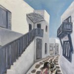Gallery 7 - Oil painting of a narrow white alleyway with stairs and traditional Greek Cycladic architecture. A dog and little girl on the lower right corner.