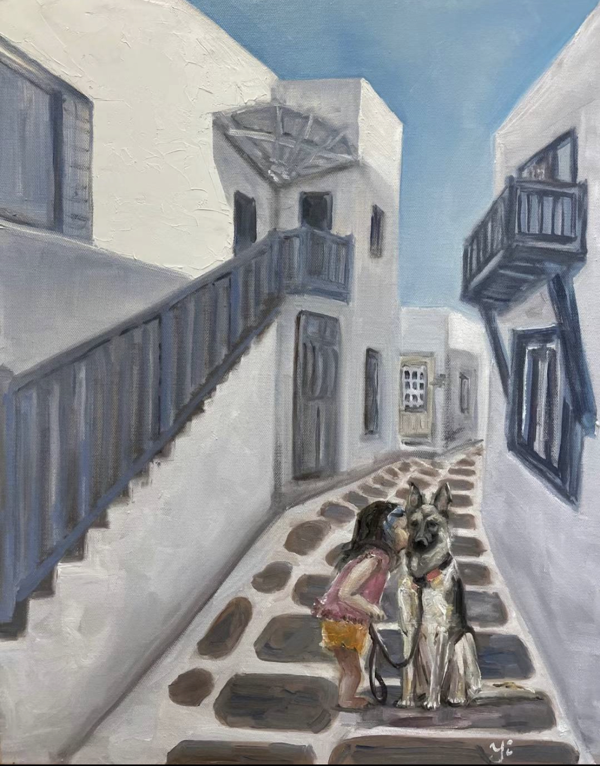 Gallery 7 - Oil painting of a narrow white alleyway with stairs and traditional Greek Cycladic architecture. A dog and little girl on the lower right corner.
