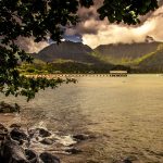 Gallery 7 - Picture of the pier at Hanalei Bay that is framed by trees on the beach and beautiful mountains.