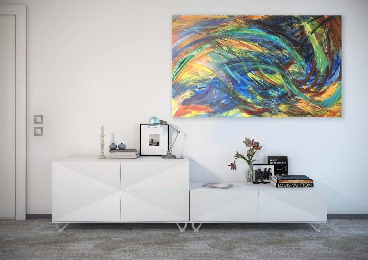 Gallery 8 - Vibrant, swirling abstract painting above a white modern credenza.