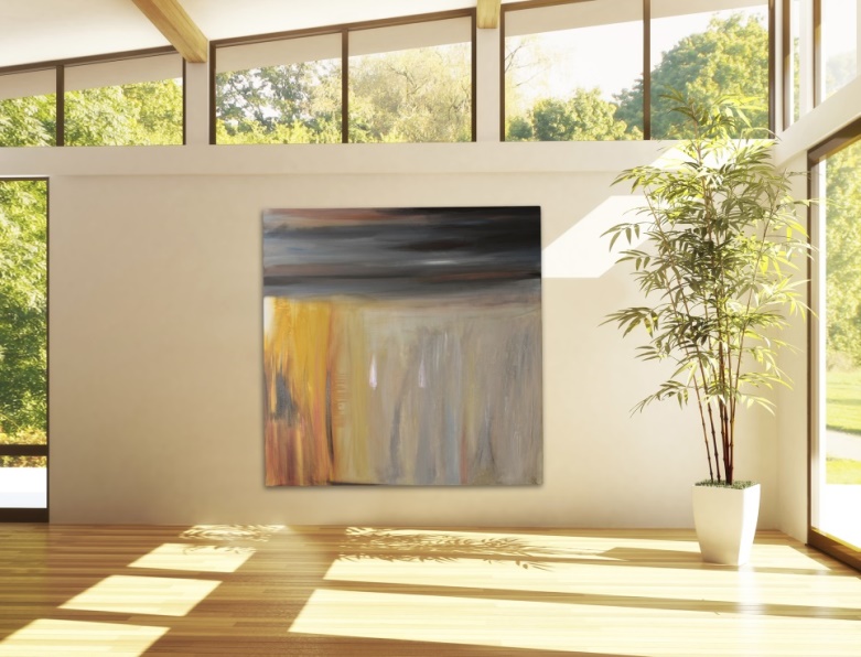 Gallery 9 - Abstract yellow, gray, and brown painting centered on a light-filled wall with floor-to-ceiling windows.