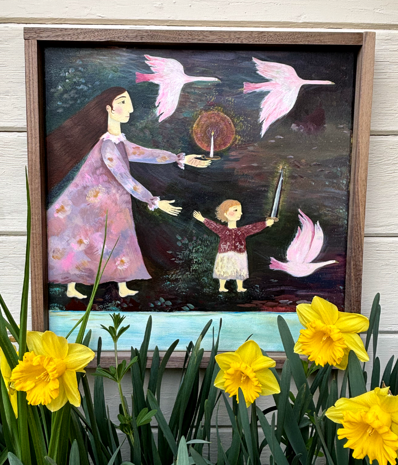 Gallery 10 - Folk art oil painting featuring a tall woman and a small child holding lit candles, with a circular glowing object and three pink, stylized birds flying in a dark background.