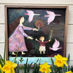 Gallery 10 - Folk art oil painting featuring a tall woman and a small child holding lit candles, with a circular glowing object and three pink, stylized birds flying in a dark background.