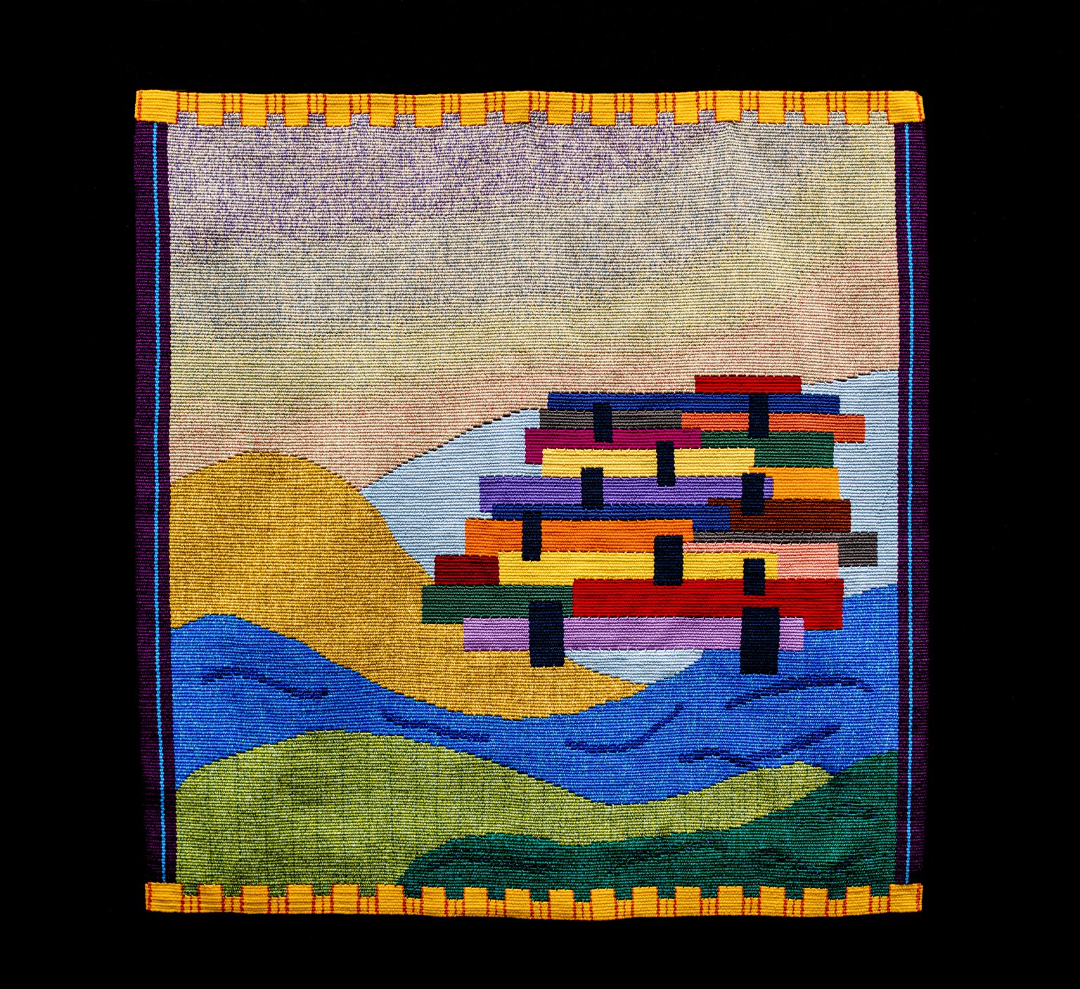 Gallery 4 - A handwoven tapestry with a geometric abstract raft on rolling waves and hills underneath a smokey s