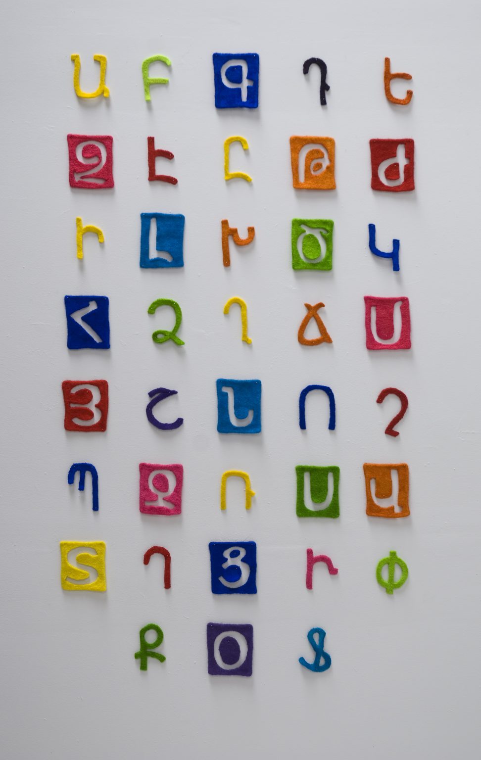 Gallery 6 - An installation of woolen stencils of the 38 letters of the Armenian Alphabet.