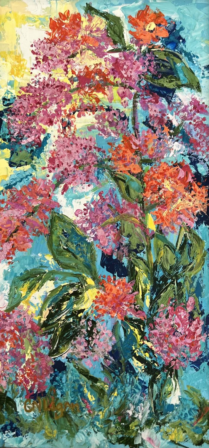 Gallery 6 - The Artist painting shows a colorful vivid magical vine, with green leaves, climbing and climbing.