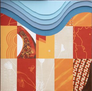 A vertical mural on a modern brick and gray apartment building featuring earth-toned geometric patterns and a dimensional blue top section with wave-like layers.
