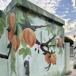 Gallery 4 - Peaches and blossoms grow on branches painted on a utility box.