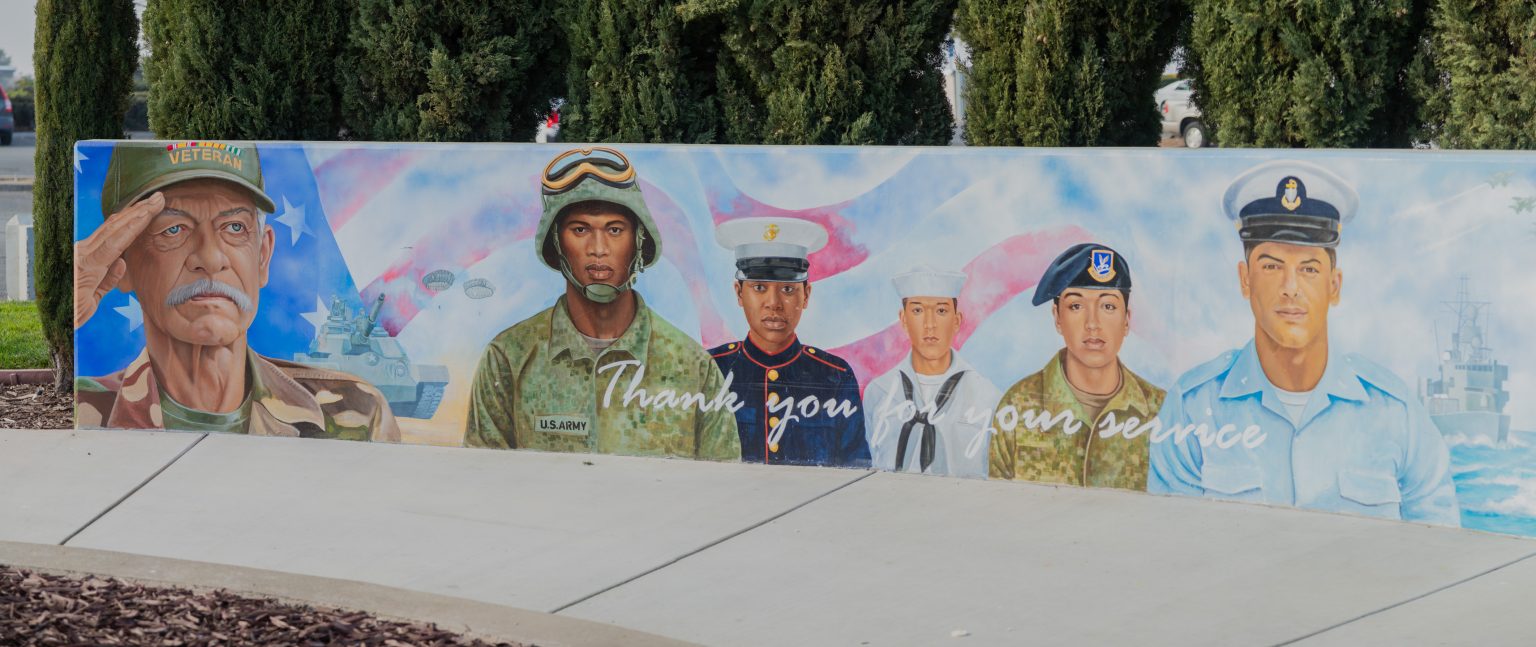 Gallery 1 - A wide outdoor mural on a low concrete wall depicting six military service members in various uniforms, including a veteran in a saluting pose. The center includes the message 