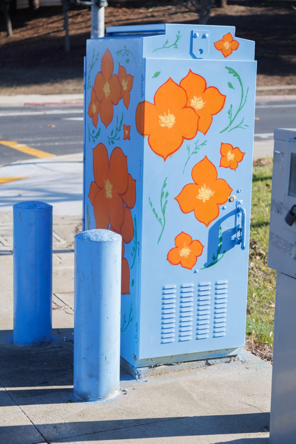 Gallery 4 - Painted utility box at a street corner with large orange flowers on a light blue background. The artwork brightens a traffic signal cabinet beside Sagebrush Drive in Antioch.