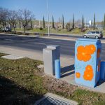 Gallery 1 - Painted utility box at a street corner with large orange flowers on a light blue background. The artwork brightens a traffic signal cabinet beside Sagebrush Drive in Antioch.