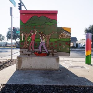 A utility box painted with murals on all sides. One side features a large lion mascot and a marching band member in a red uniform, while other sides show two people skateboarding through a hilly landscape and a hawk in flight.