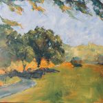 Gallery 1 - Somewhat abstracted plein air painting with primary landscape colors of green and orange.