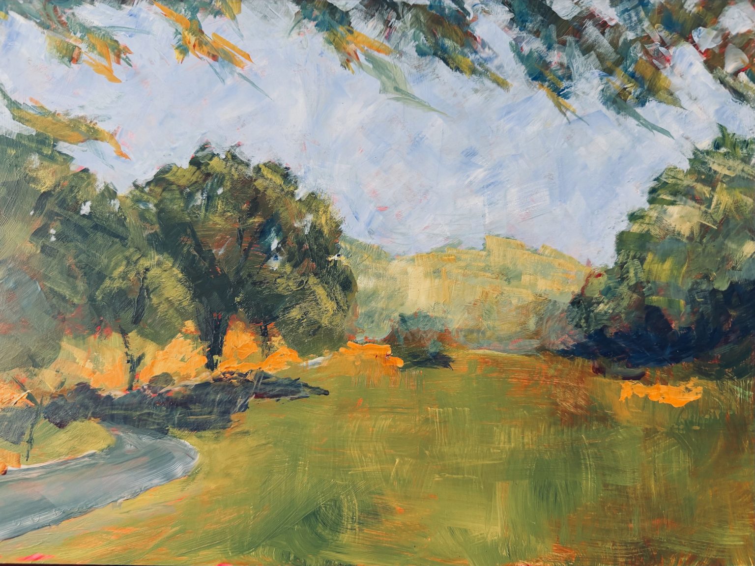 Gallery 1 - Somewhat abstracted plein air painting with primary landscape colors of green and orange.