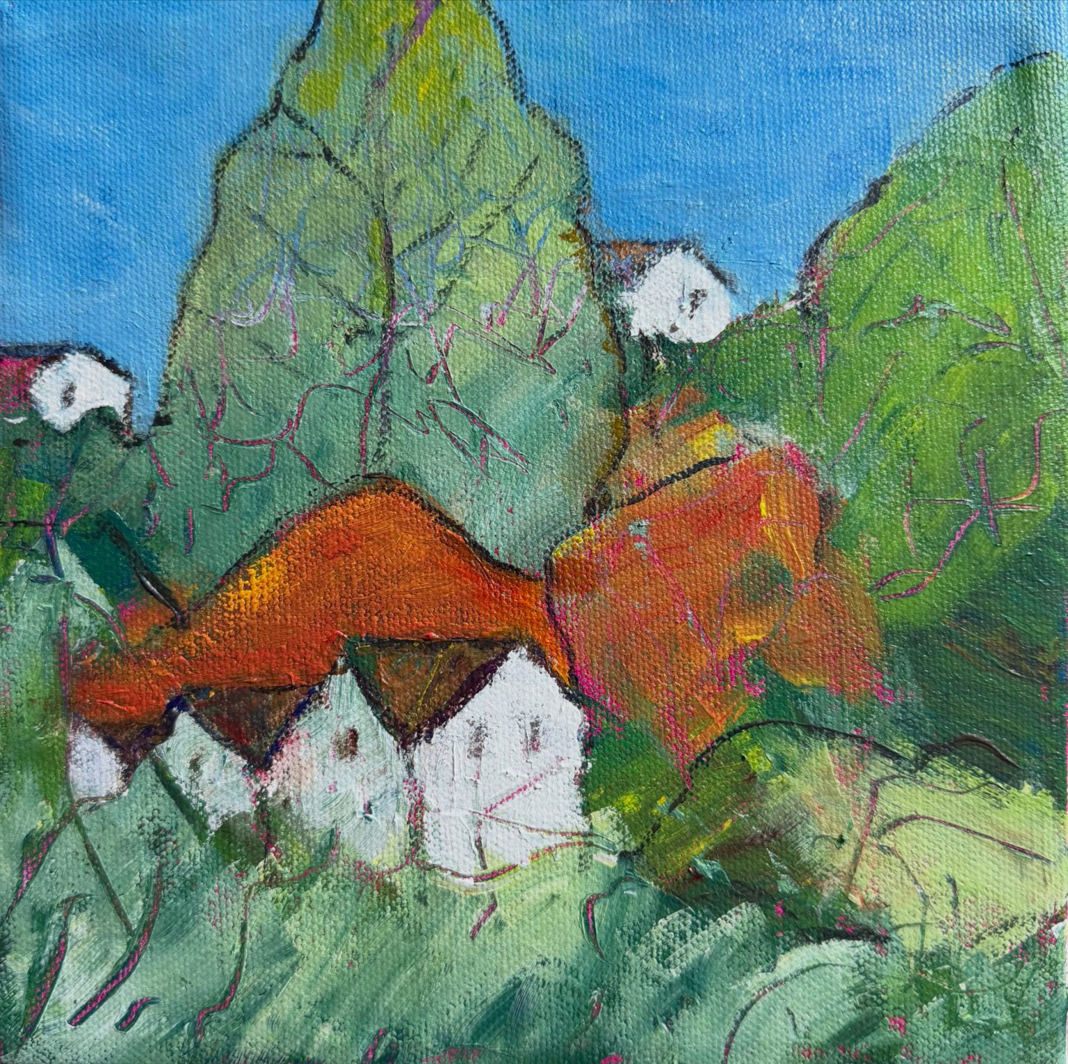 Gallery 3 - Square abstracted plein air work of houses on a hillside.  Primary colors red-orance and green.