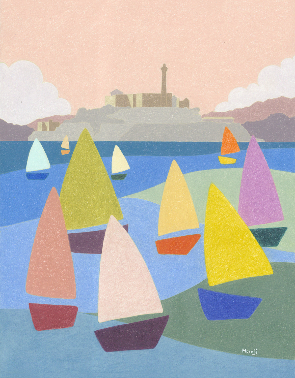 Gallery 5 - Colored pencil painting of Sailboats in front of the Alcatraz. 