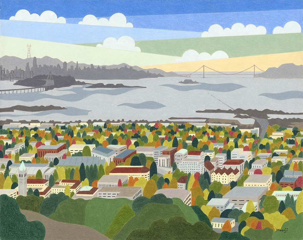 Gallery 7 - Colored pencil painting of a view of the east bay from the Lawrence Hall of Science.  
