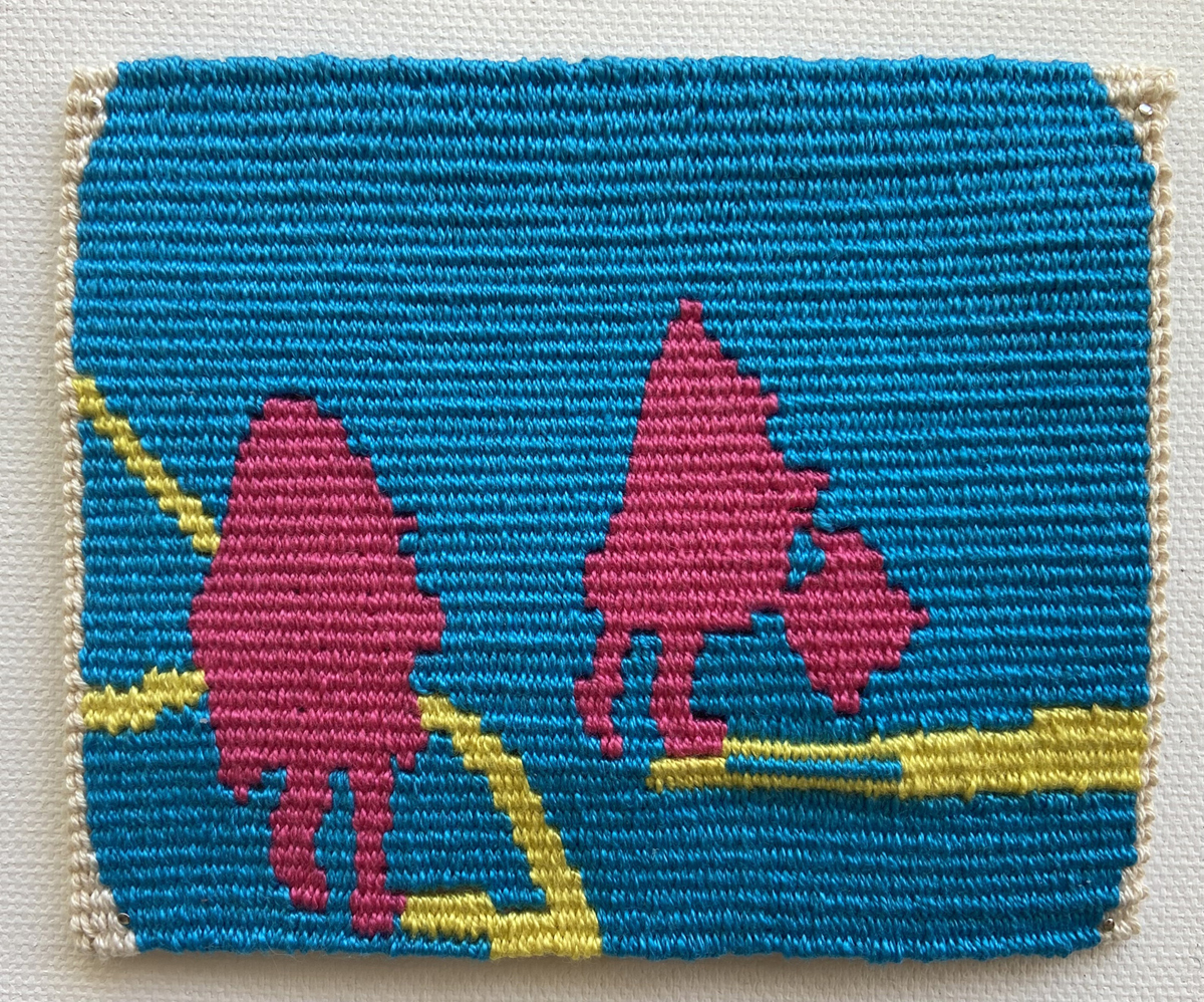 Gallery 9 - Two hot pink silhouettes of children against a turquoise background with yellow accents.