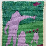 Gallery 10 - 3 lavender silhouette figures, a man, a child, and a dog against a green background with magenta.