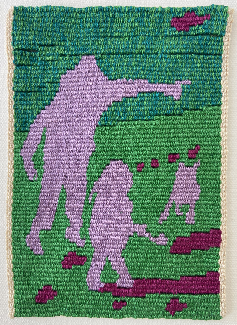 Gallery 10 - 3 lavender silhouette figures, a man, a child, and a dog against a green background with magenta.