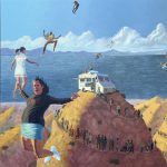 Gallery 1 - Painting of a multitude of people walking up several steep hills to enter taco trucks and fly away.