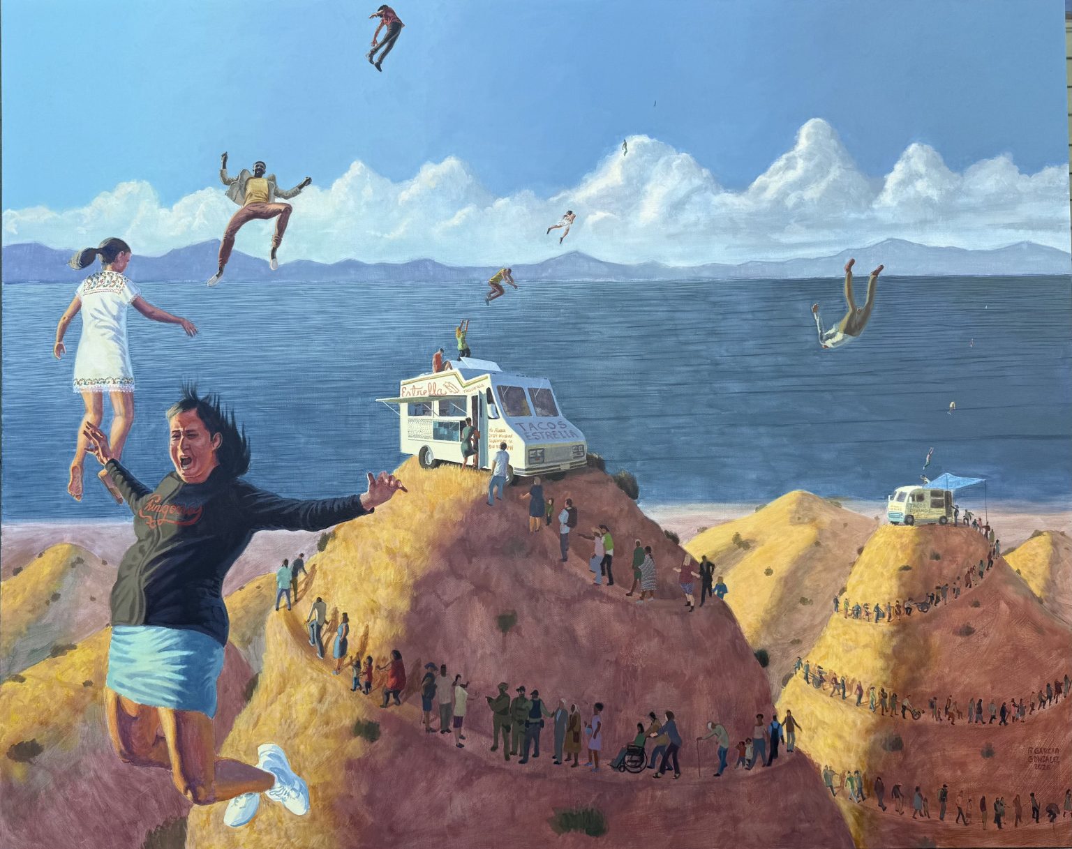 Gallery 1 - Painting of a multitude of people walking up several steep hills to enter taco trucks and fly away.