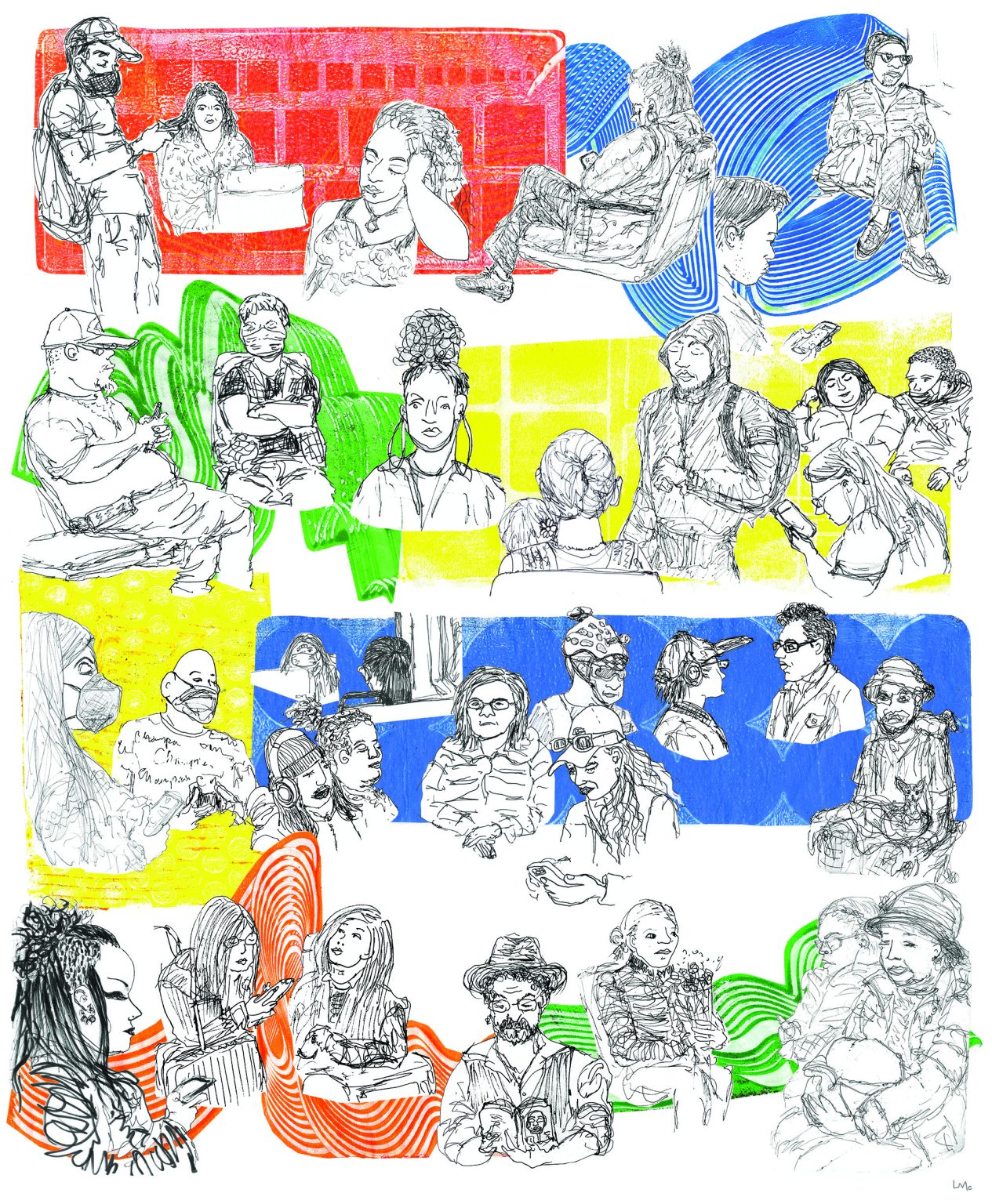 Gallery 1 - Sketches of people on BART train, dotted atop swirls and patterned papers