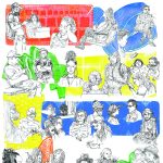 Gallery 1 - Sketches of people on BART train, dotted atop swirls and patterned papers