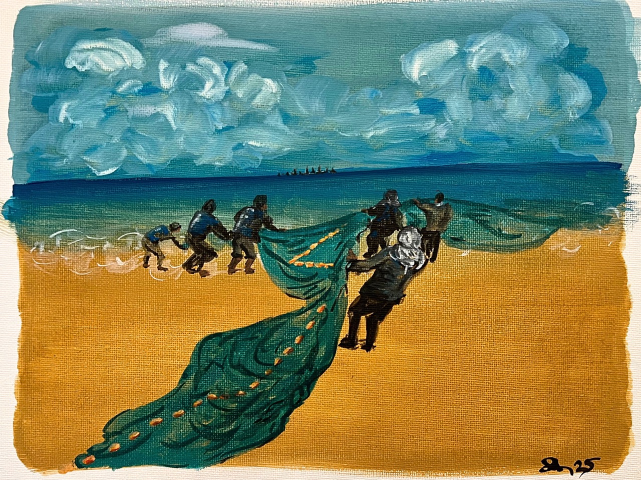 Gallery 2 - Gouache painting of a fishermen in Gaza.