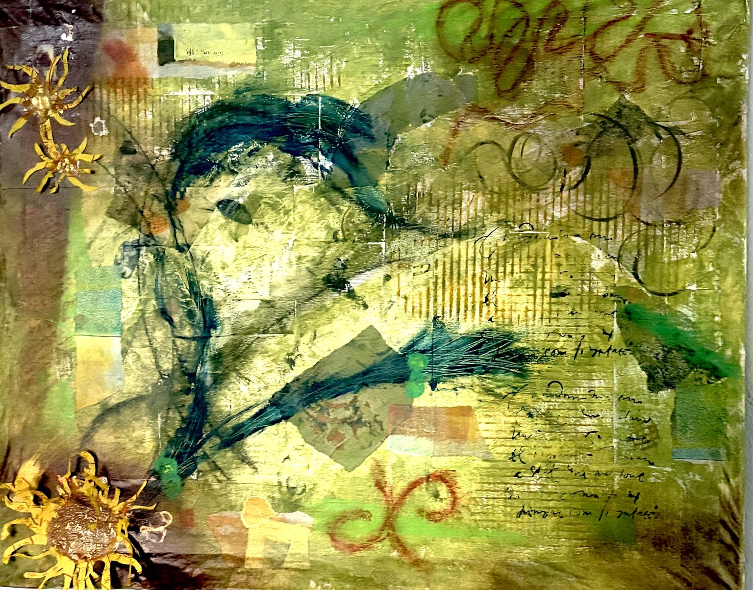 Gallery 2 - Mixed media collage predominantly yellow with an abstract bird figure