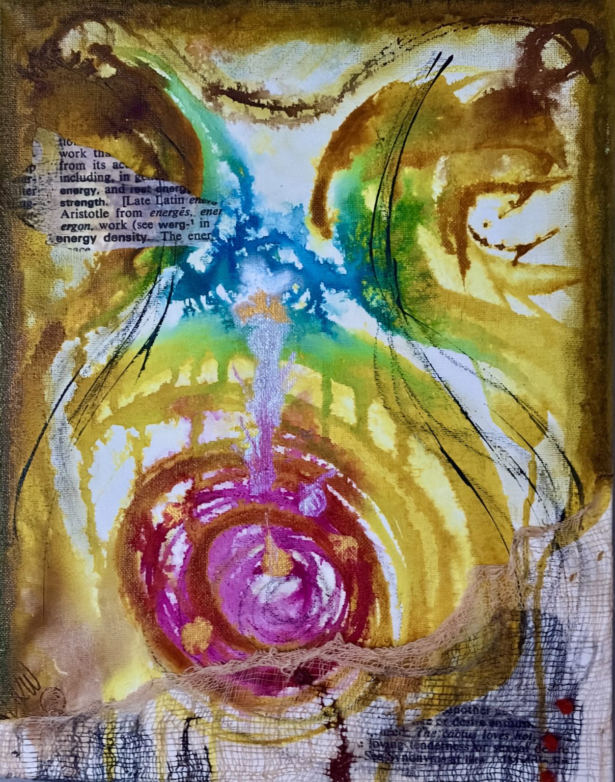 Gallery 3 - Mixed media collage with bright magenta, blue and gold in abstract