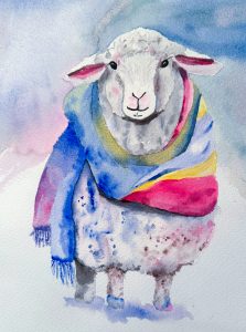 Watercolor lamb wearing a rainbow scarf.