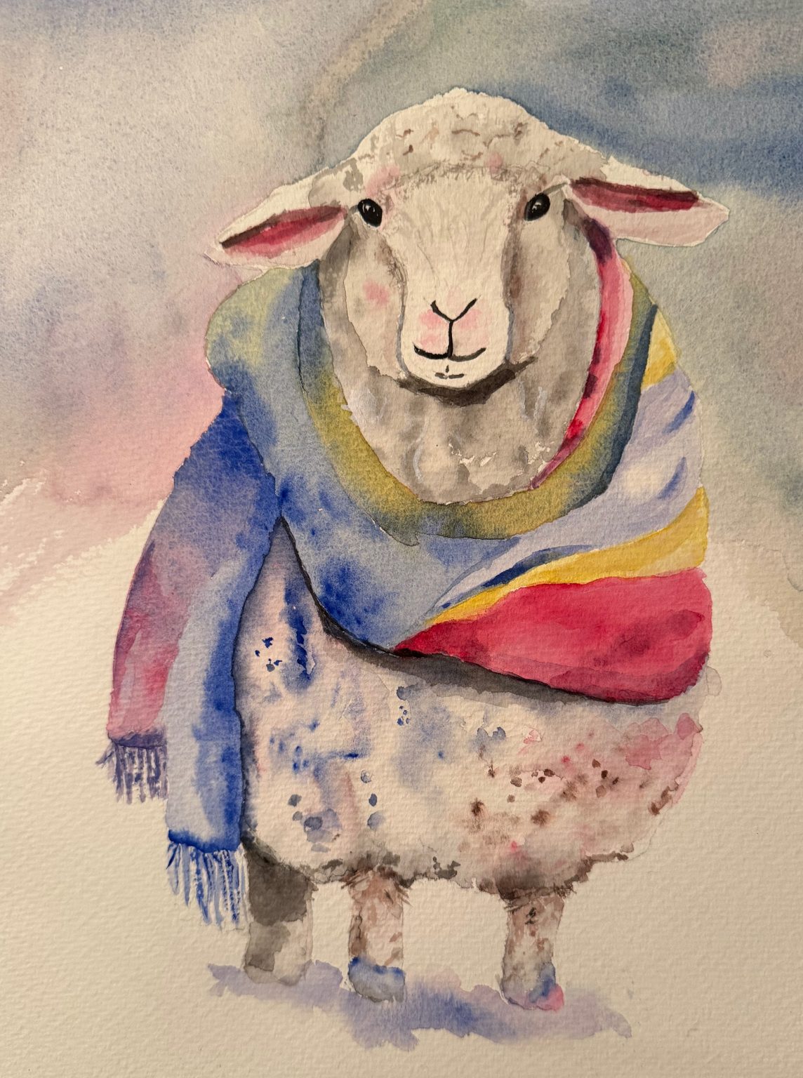 Gallery 11 - Watercolor lamb wearing a rainbow scarf.