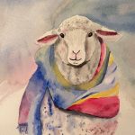 Gallery 11 - Watercolor lamb wearing a rainbow scarf.