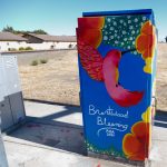Gallery 2 - A vibrant painted utility box featuring a pink hummingbird in flight against a bright blue sky, surrounded by orange fruit and small white blossoms, with text reading 