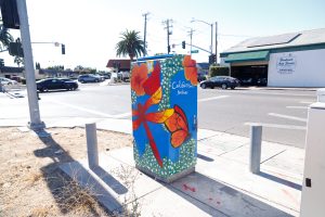 A vibrant painted utility box featuring a pink hummingbird in flight against a bright blue sky, surrounded by orange fruit and small white blossoms, with text reading "Brentwood Blooming" and "PADA 2026